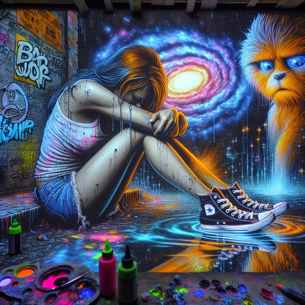 Grief-Stricken Woman with Bad Wolf Graffiti in Neo-Impressio...