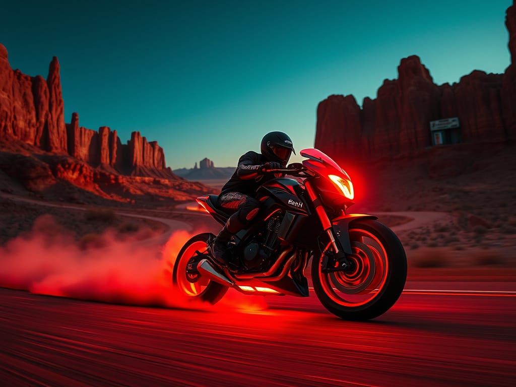 Epic Desert Canyon Motorcycle Chase in Neon Red