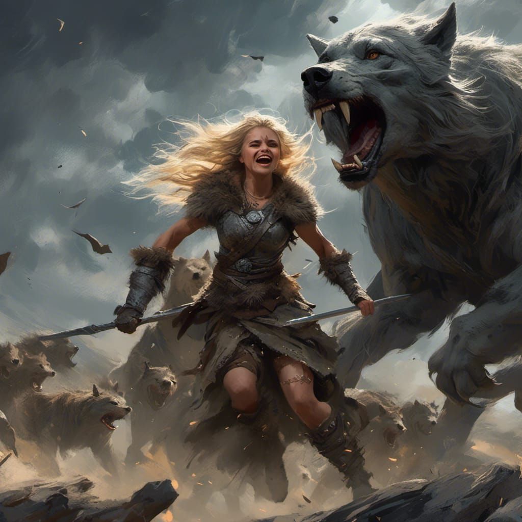 Barbarian Woman's Ferocious Warg Battle on the Moors