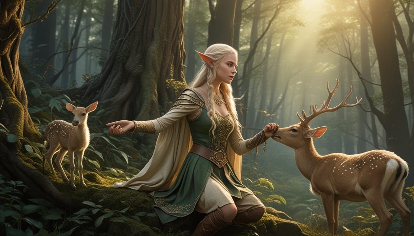 Whimsical Fantasy Elf Feeds Doe in Golden Hour Landscape