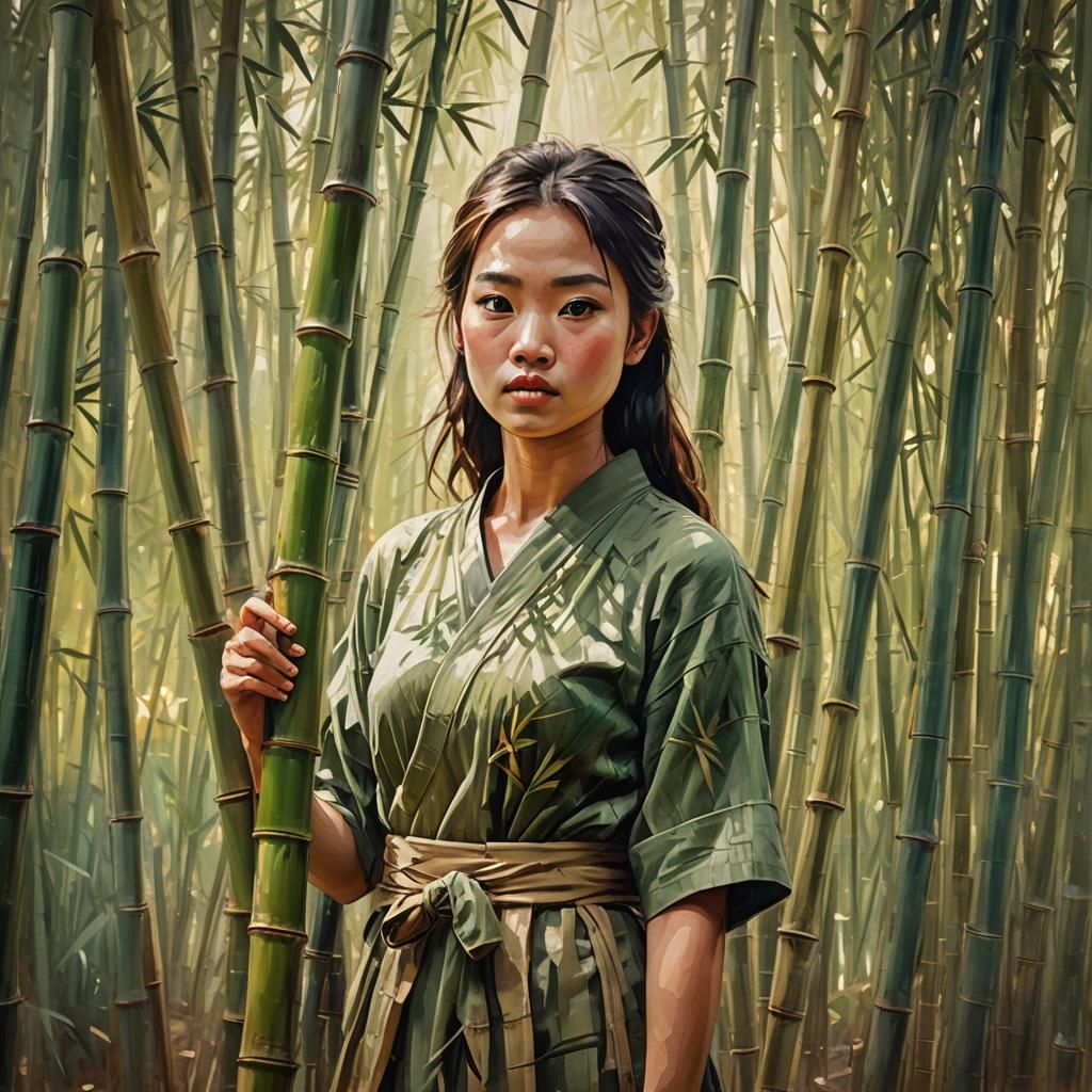 Astonished Bamboo Girl in Serene Forest: Oil Painting