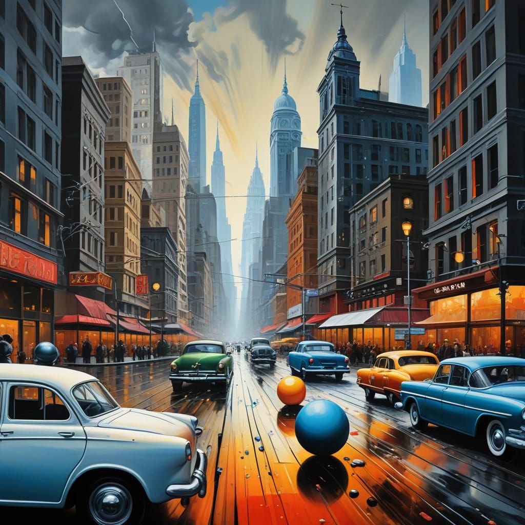 Surreal Melting Spheres in a Monochrome Cityscape