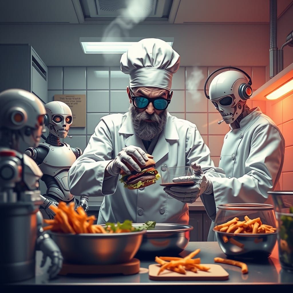 crazy scientist making a burger
