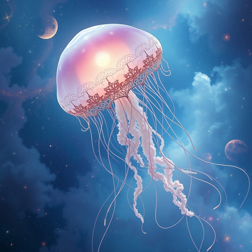 Ethereal Celestial Jellyfish in Cosmic Ocean with Iridescent...