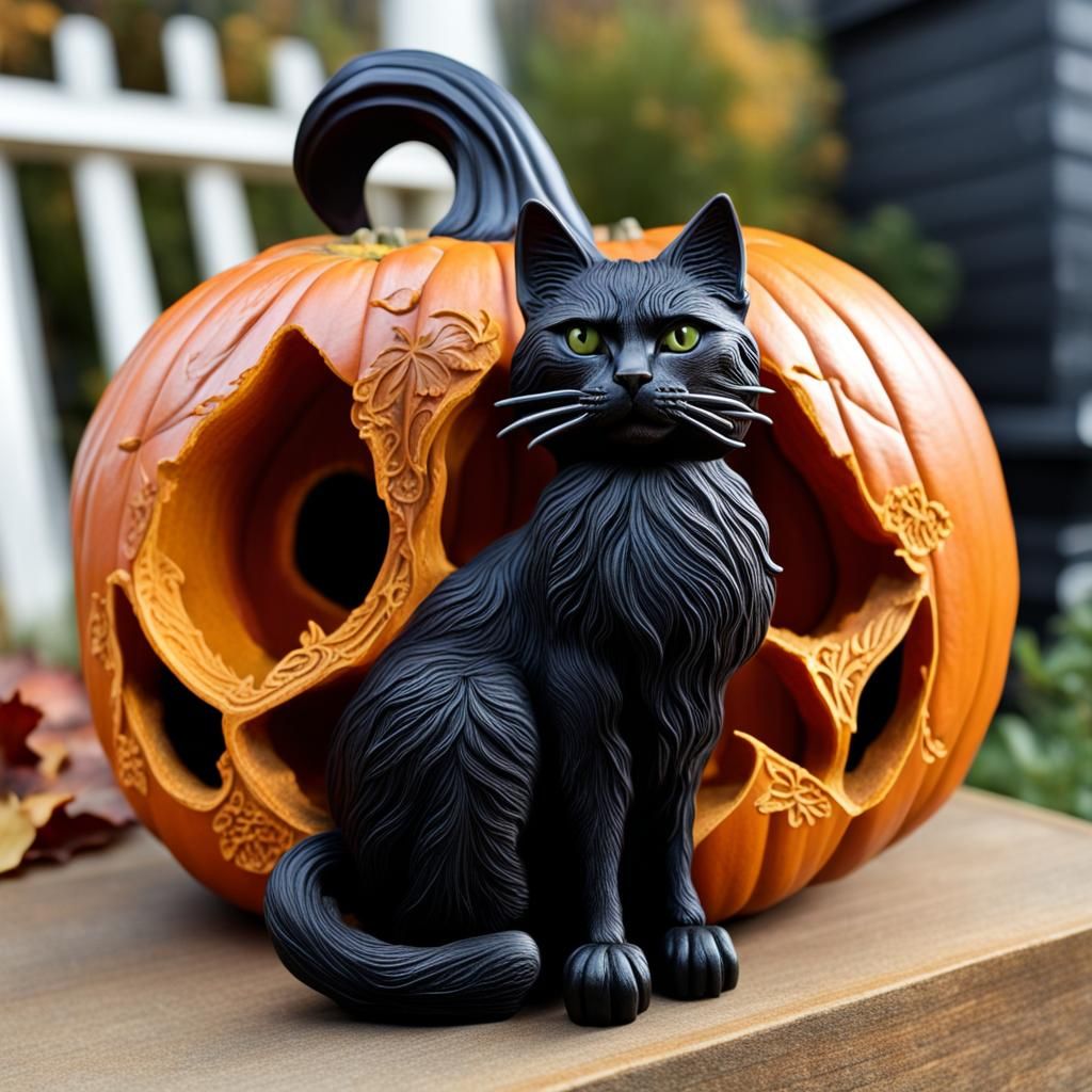 Hyperrealistic Witch Cat Carved into Pumpkin
