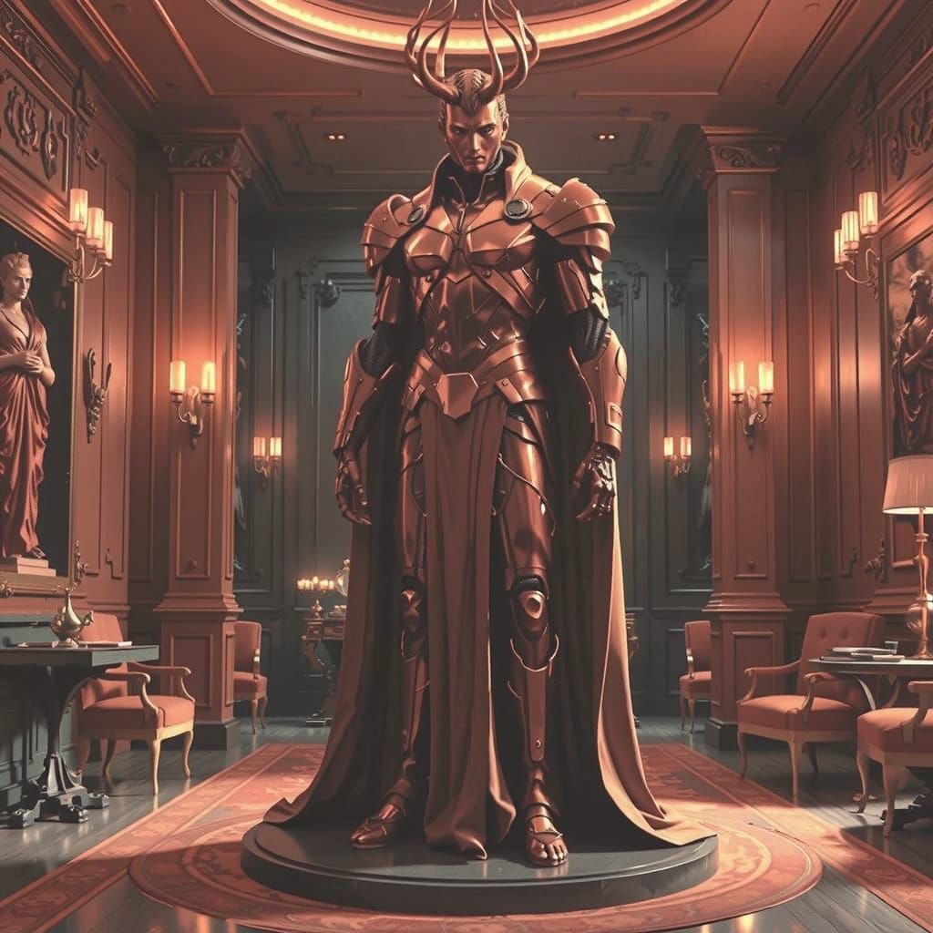 A fire red statue, draped in intricate folds.