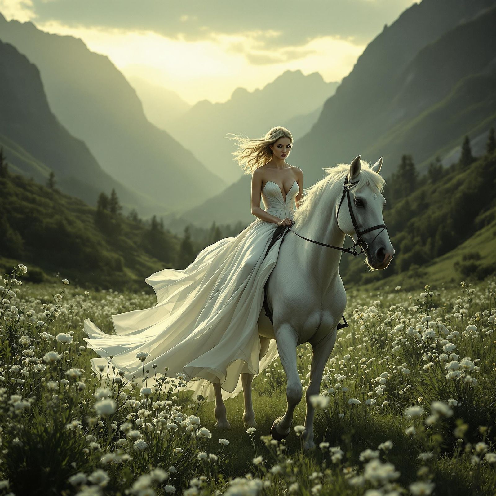 Ethereal Woman on White Stallion at Dawn