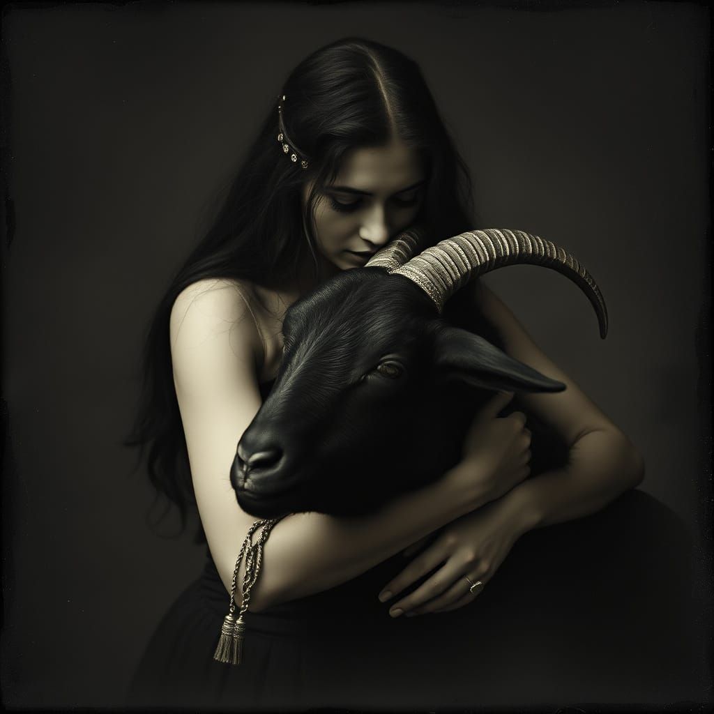 Woman Embraces Goat in Vintage Photogravure Style