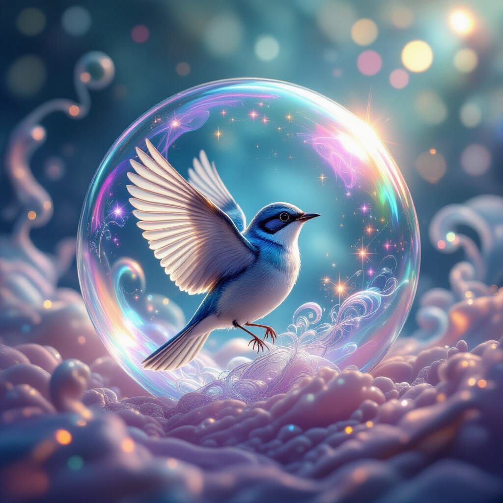 Ethereal Bird Emerges from Astral Soap Bubble