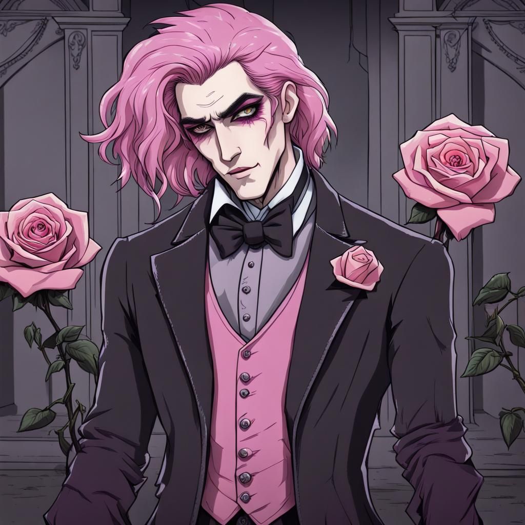 Gothic Pink-Haired Man with Rose in Burton Style
