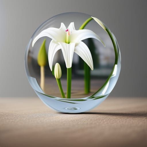 White Lily in Glass Sphere: Hyperrealistic Photo