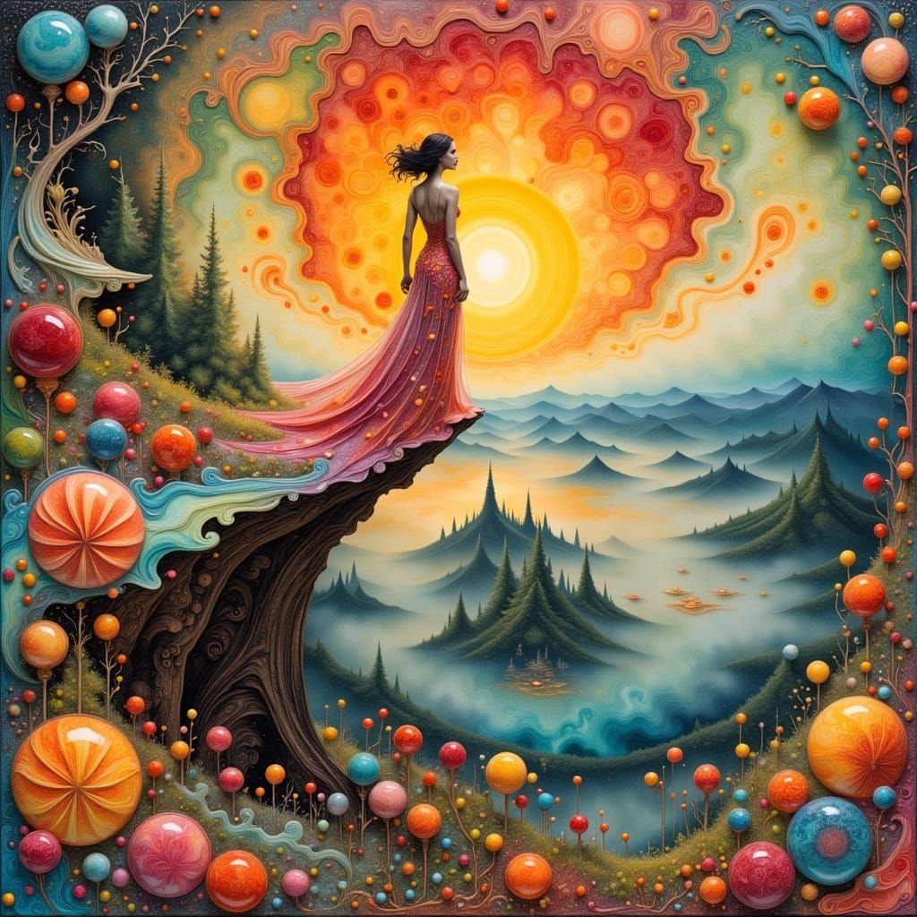 Woman on Cliff in Art Nouveau Style Sunset