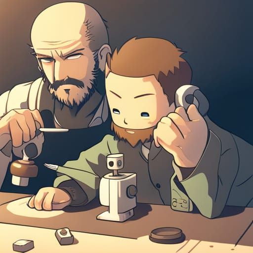 Scientist Repairing Robot in Anime Style