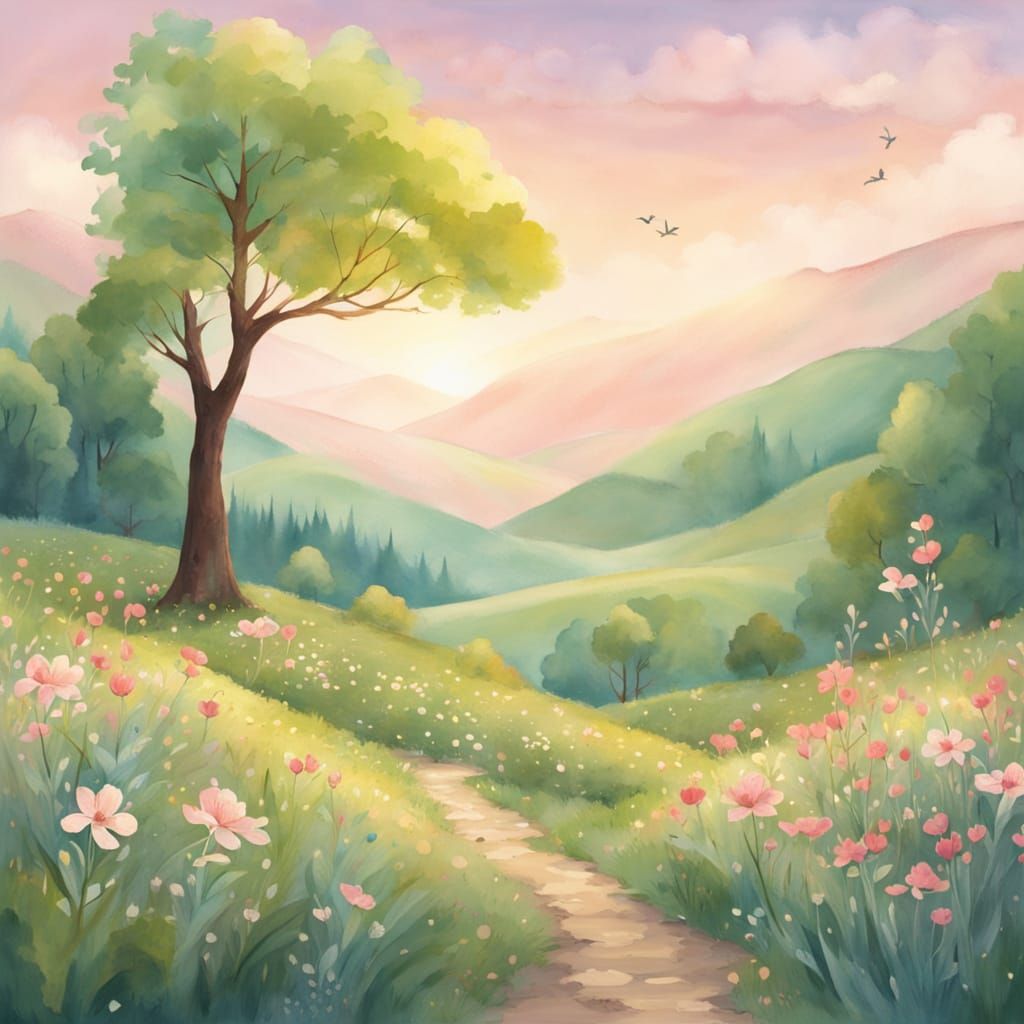 Whimsical Watercolor Valley Scene in Springtime