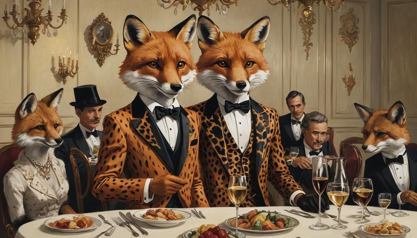 Fox in Tuxedo at Dinner Party