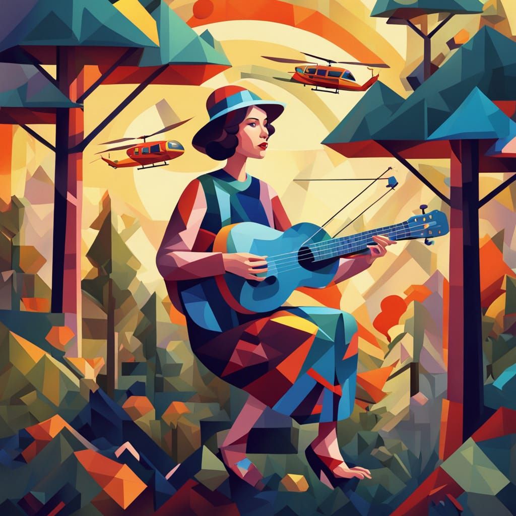 Cubist Woman Plays Ukulele Bassoon in Summer Woods