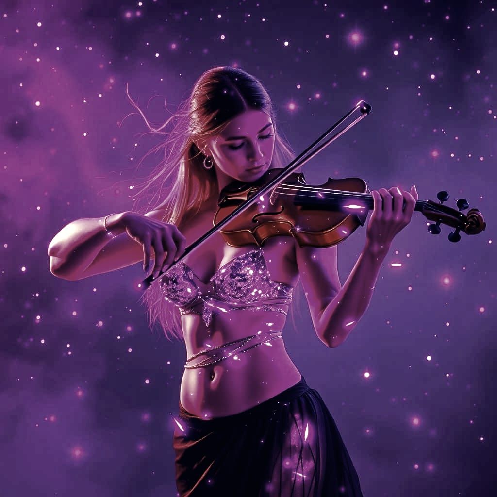 Radiant Topless Violinist Shines in Purple Starry Glow