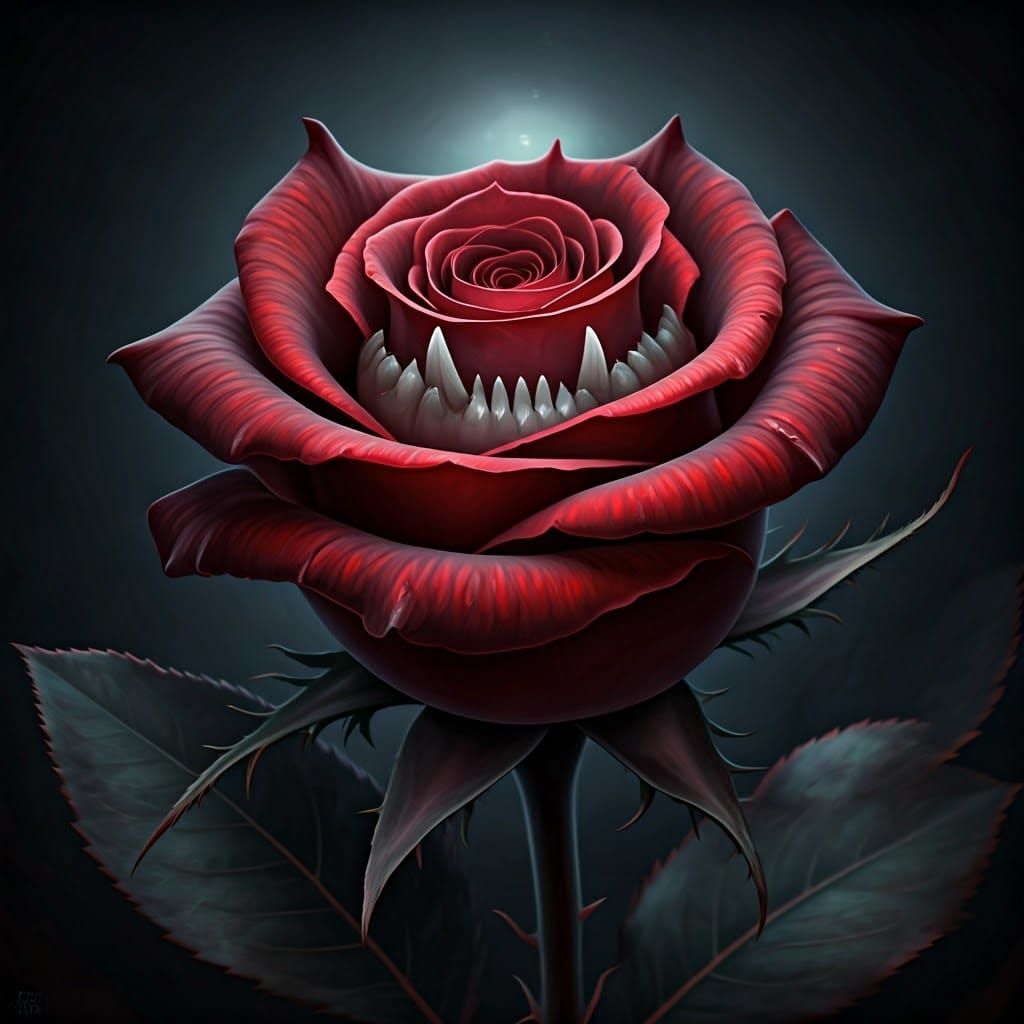 Rare Blood-Red Rose with Sinister Venus Flytrap Buds