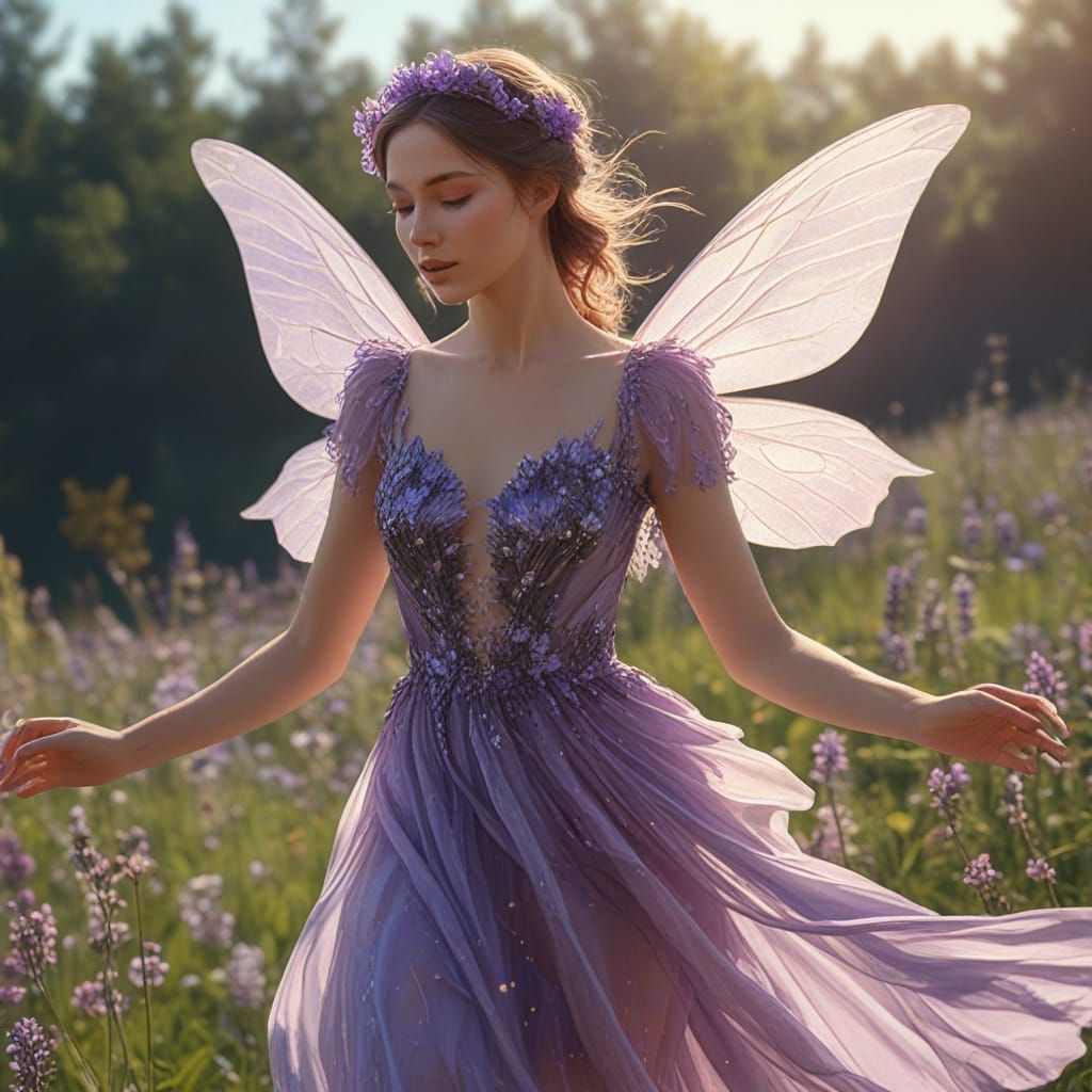 Purple Fairy Flying Over Wildflower Field in Digital Art