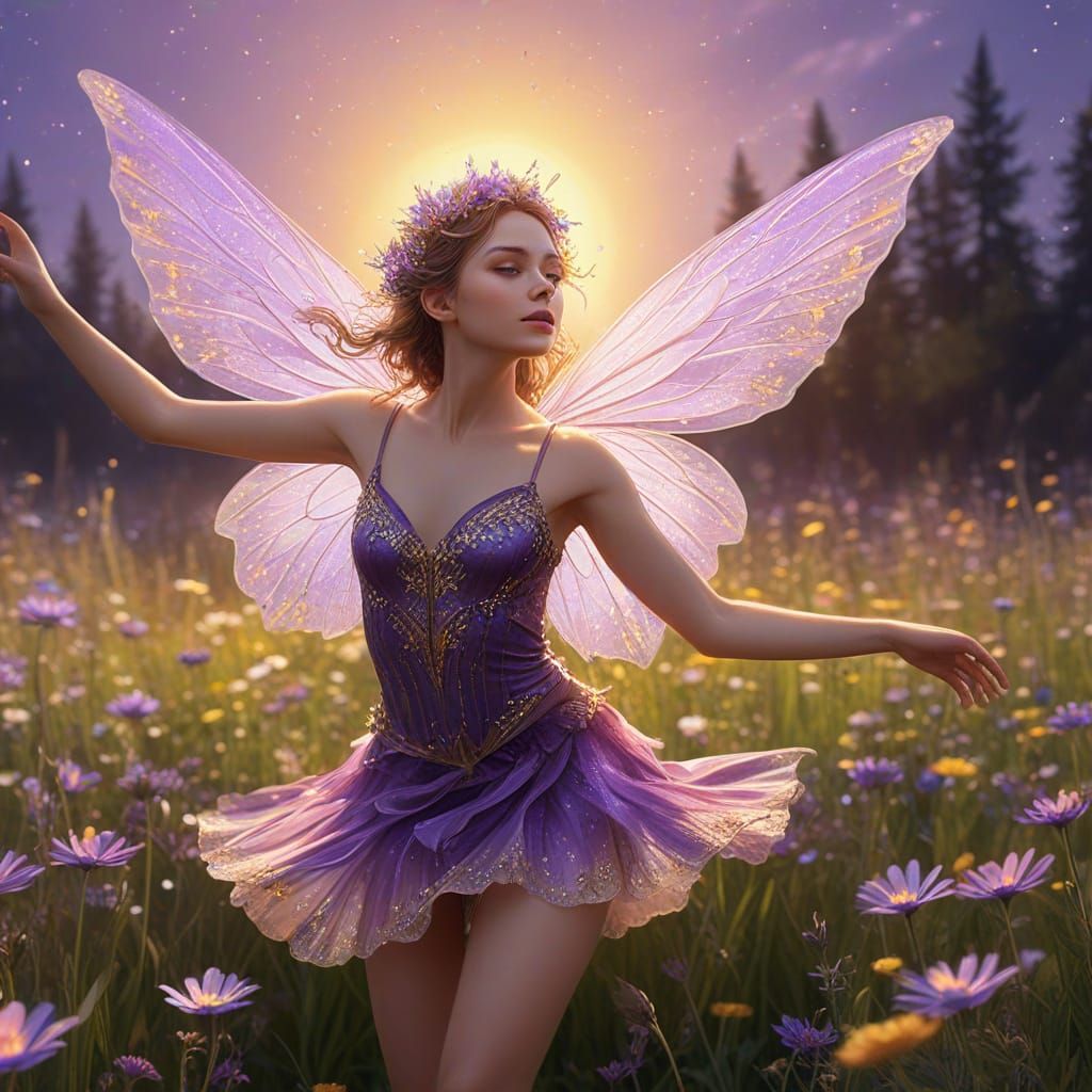 Purple Fairy Flying Over Wildflower Field