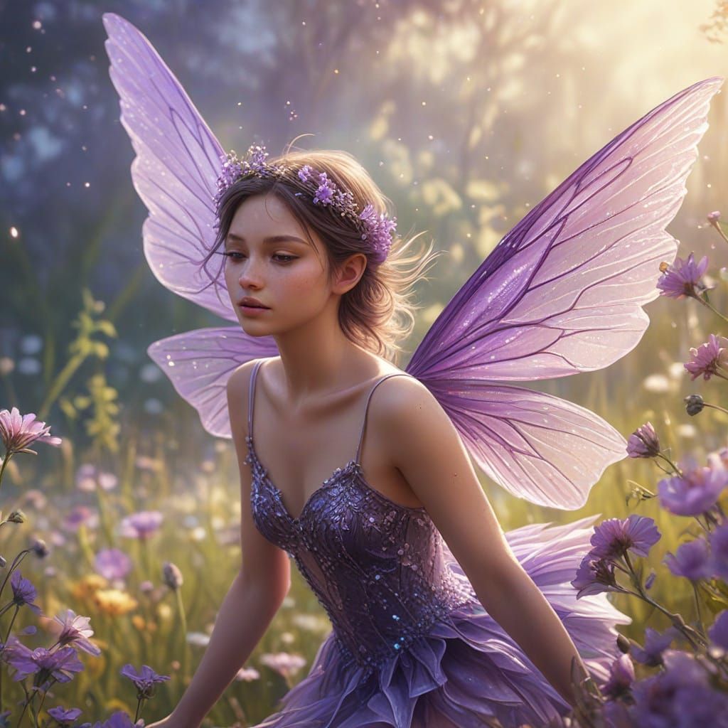 Purple Fairy in Wildflower Field: Hyperrealistic Digital Art