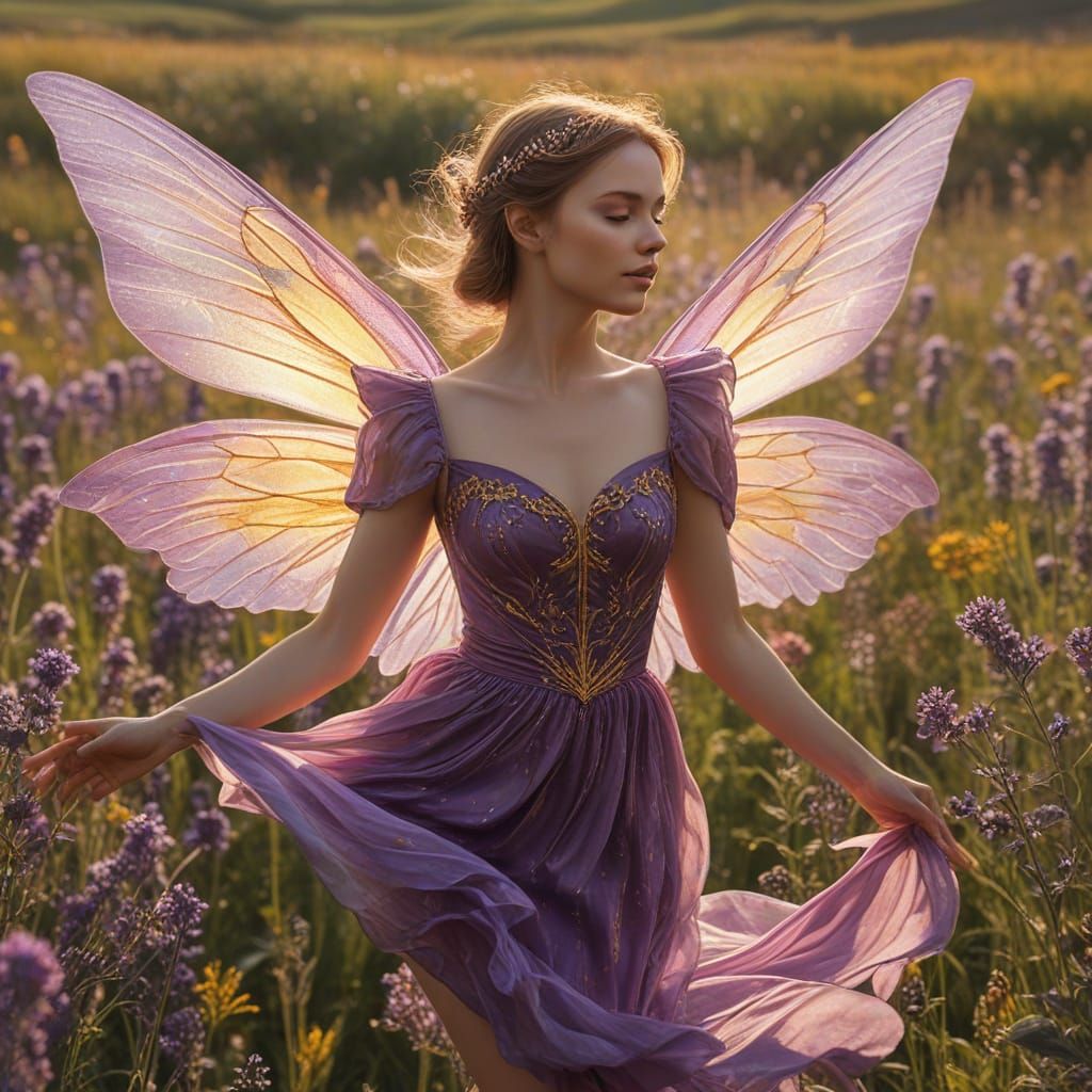 Attractive Purple Fairy Flying Over Wildflower Field