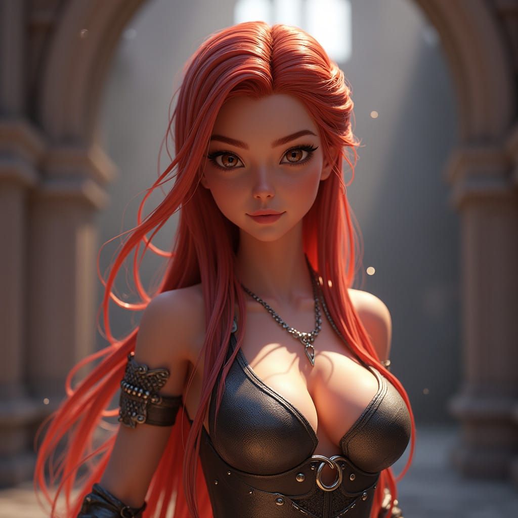 Fantasy Warrior Woman Battles Dragon in Vibrant Castle Setti...