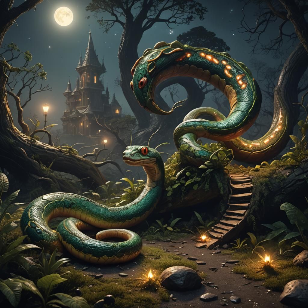 Slug Snake Hybrid Hunting at Night, Matte Painting