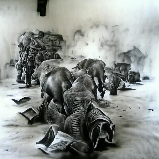 War Elephants Stampede: Hyperrealistic Charcoal Drawing