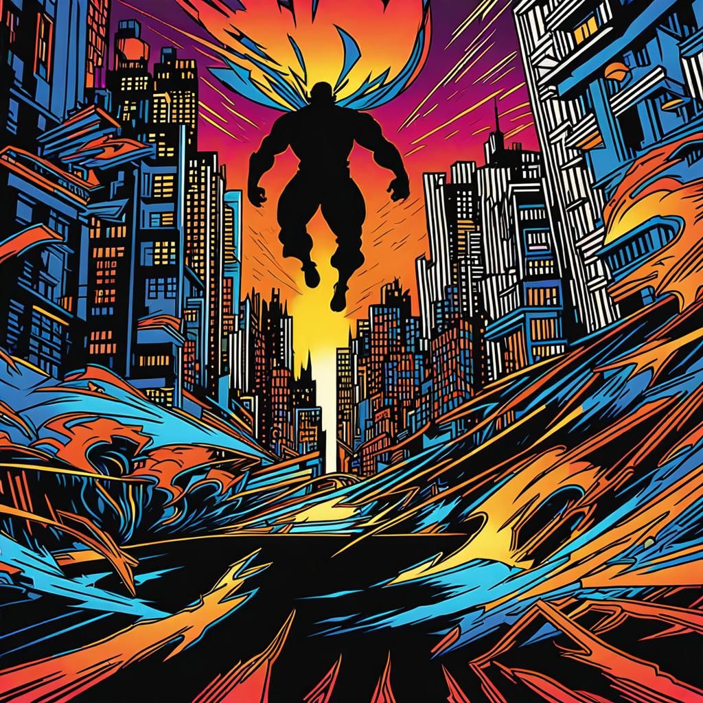 Superhero in Cityscape Sunset, Comic Book Art