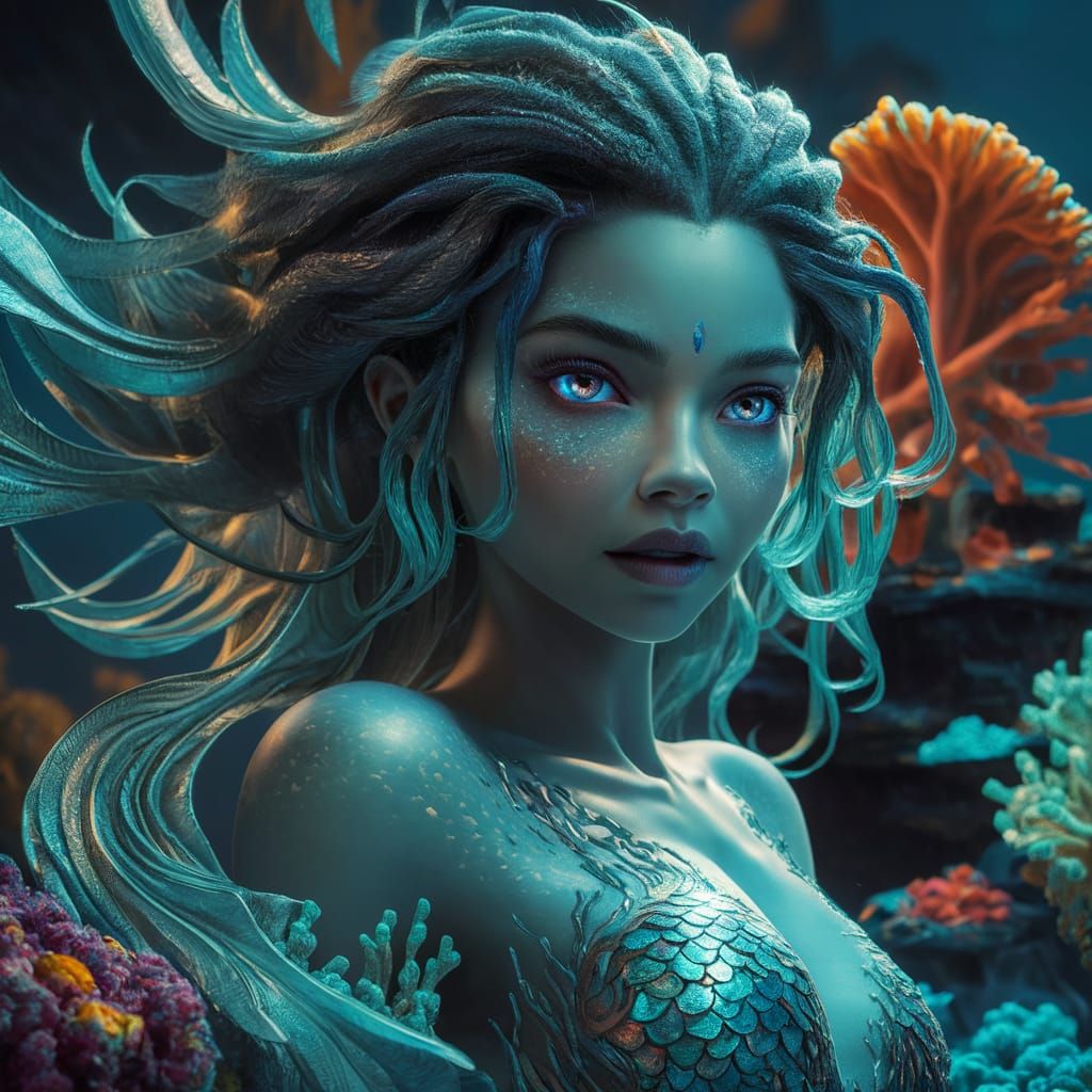 Sapphire Eyed Mermaid in Bioluminescent Coral Reef
