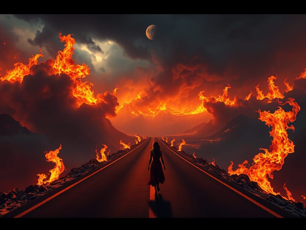Woman Walks Highway to Hell: Matte Painting Style
