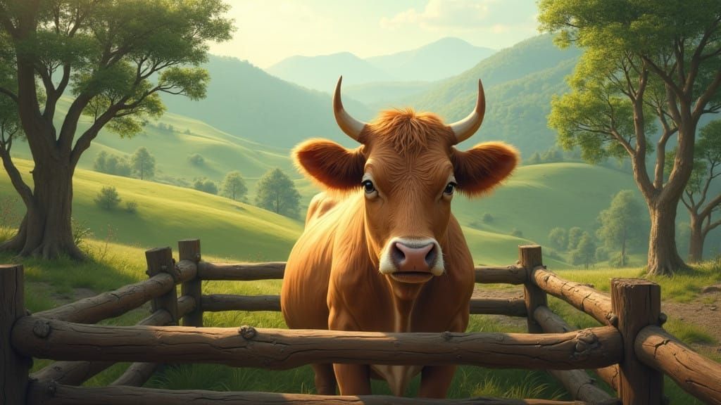 Cow Amidst Lush Green Landscape in Matte Painting Style