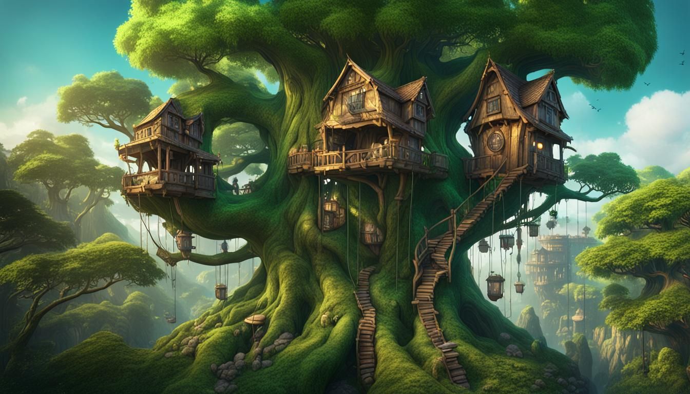 Treehouses in a Giant Green Tree: Fantasy Concept Art