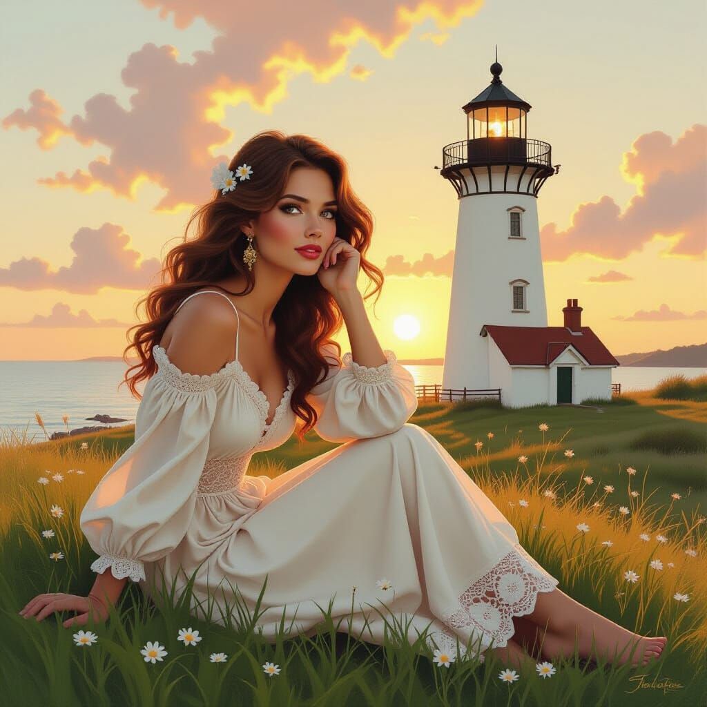 Bohemian Woman at Sunset: Digital Acrylic Painting