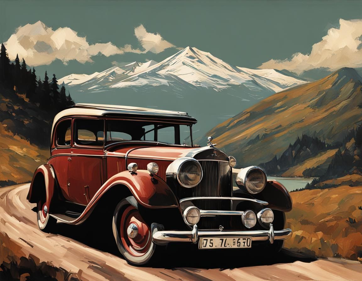 Vintage Car on Mountain Road in Pre-Raphaelite Style