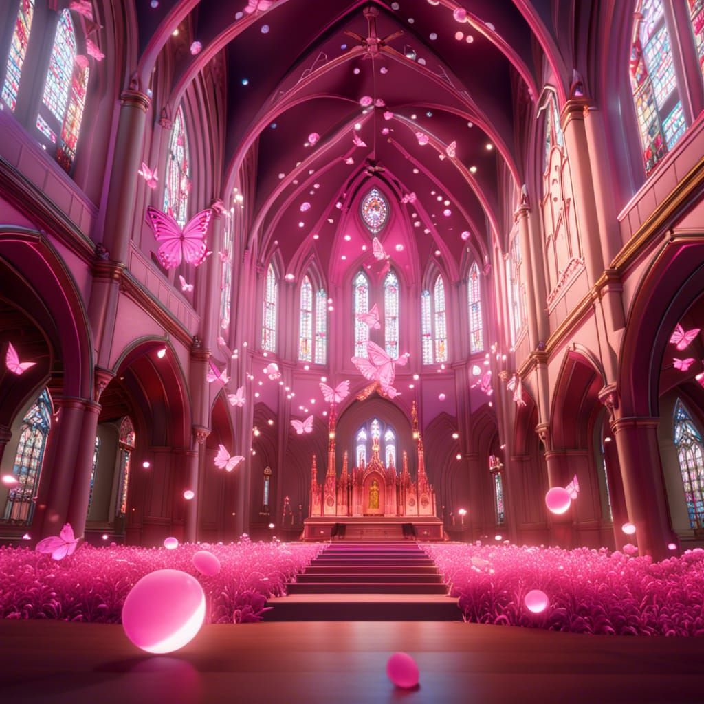 Pink Butterflies in Church: 3D Game Cinematic Render