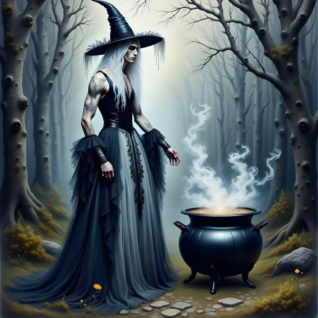 Gothic Man-Witch in Forest with Cauldron: Watercolor Style