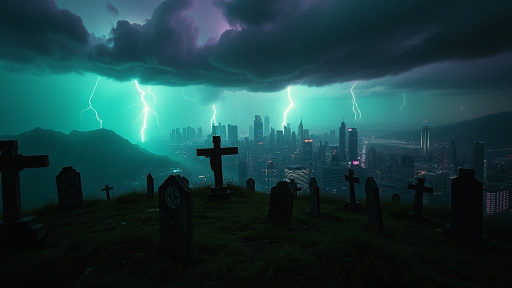 Cyberpunk Graveyard Overlooking Dystopian Metropolis