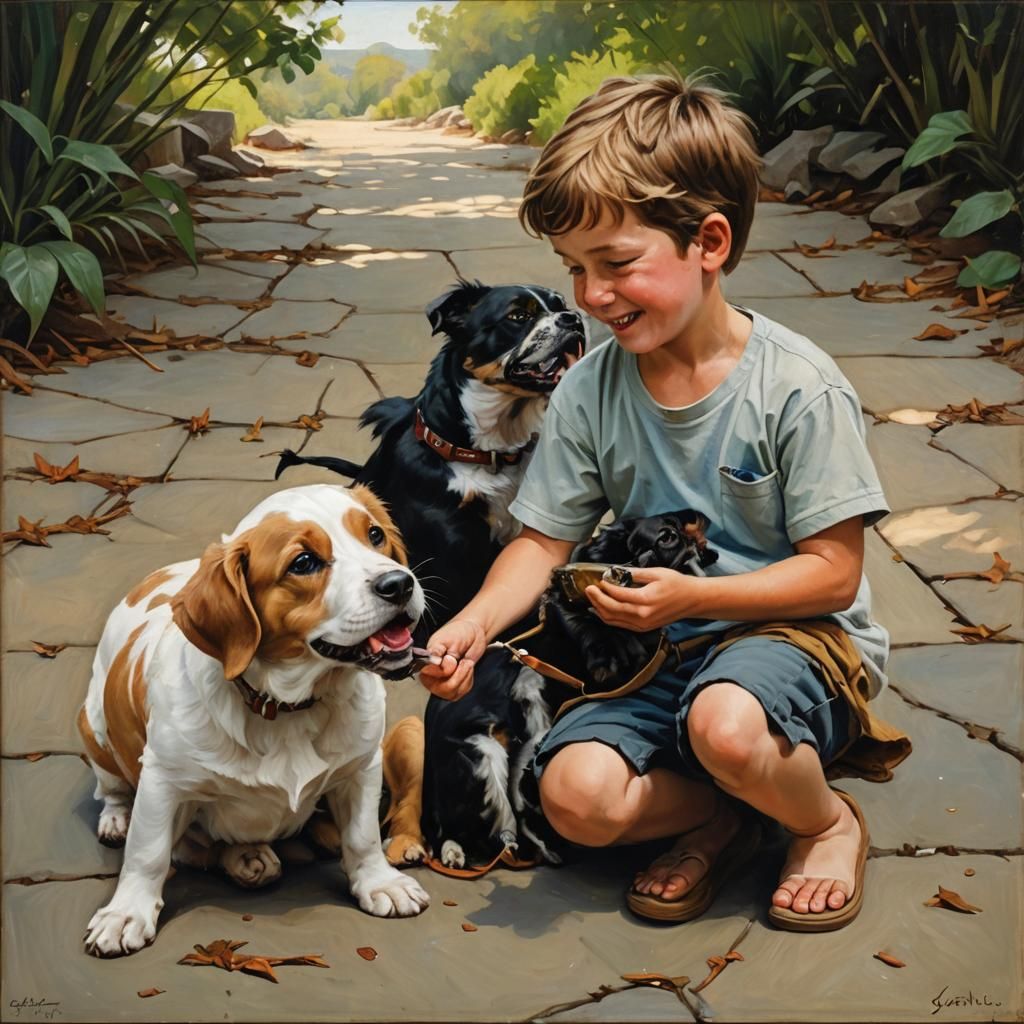 Heartwarming Child and Pet Moment as Oil Painting