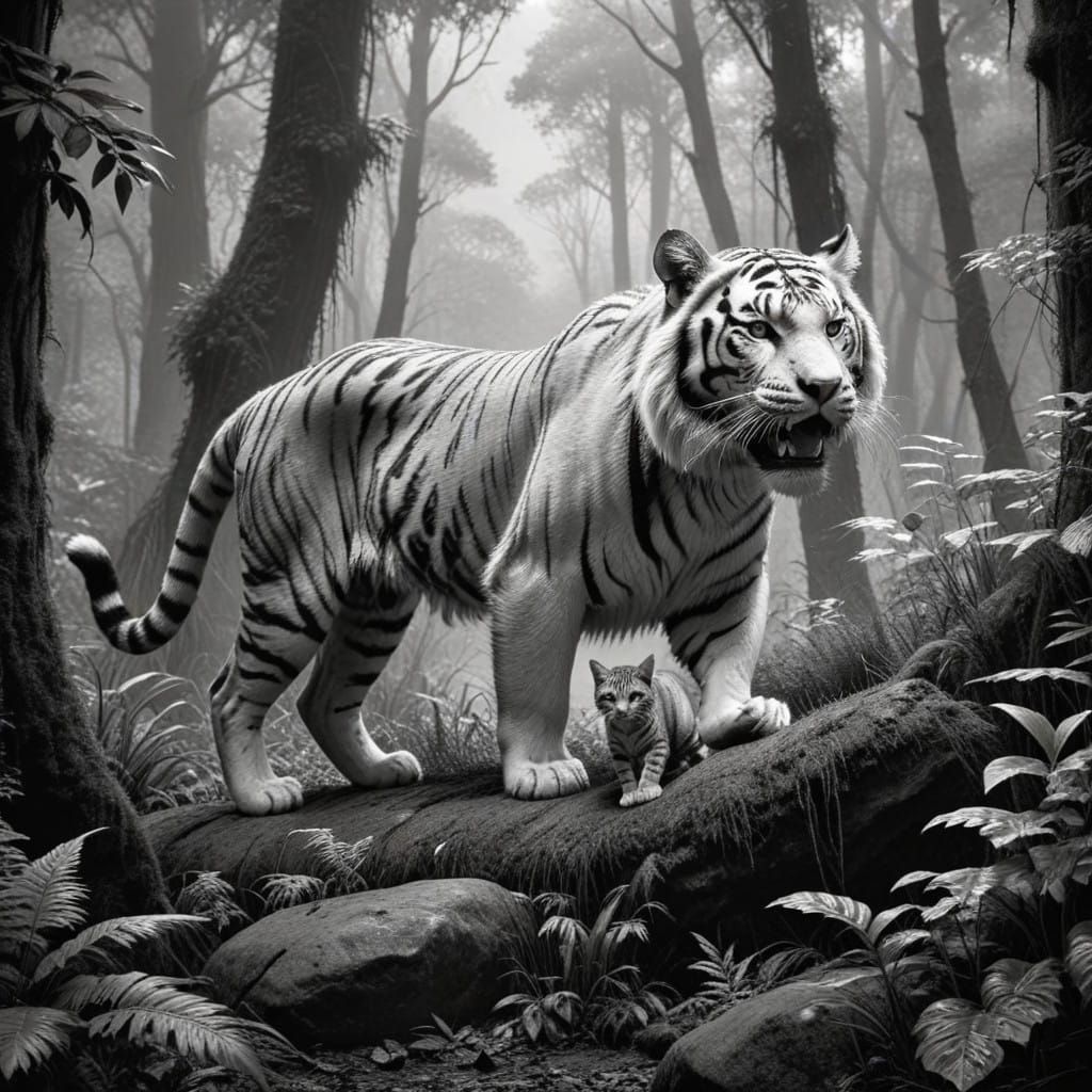Whimsical Forest Encounter: Tiger and Tabby Cat Illustration