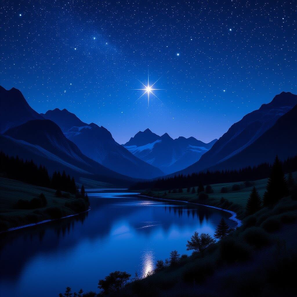 North Star Shines Over Mountain Lake at Night