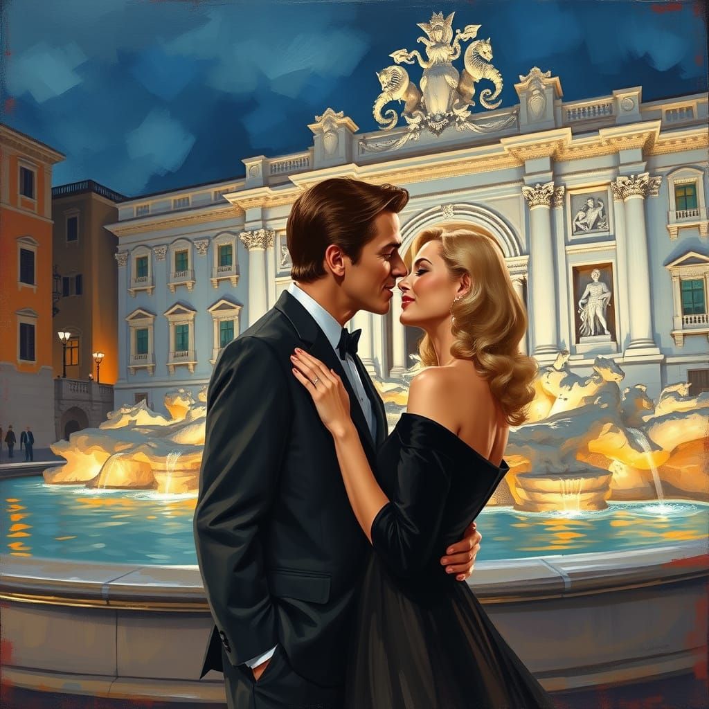 Couple's Romantic Kiss at Illuminated Trevi Fountain