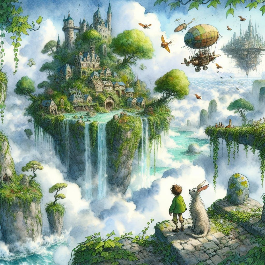 Floating Island Village in Animated Style