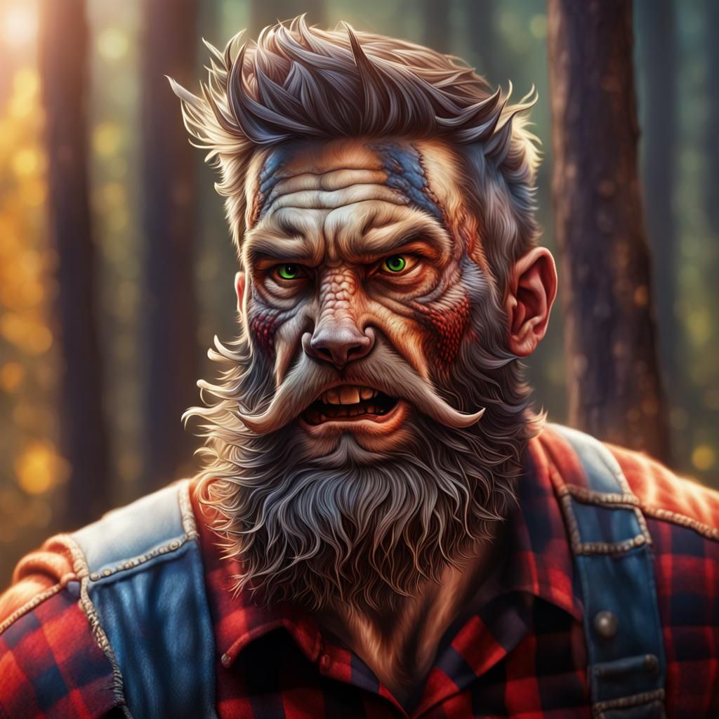 Hyperrealistic Werewolf Lumberjack in Splash Art Style