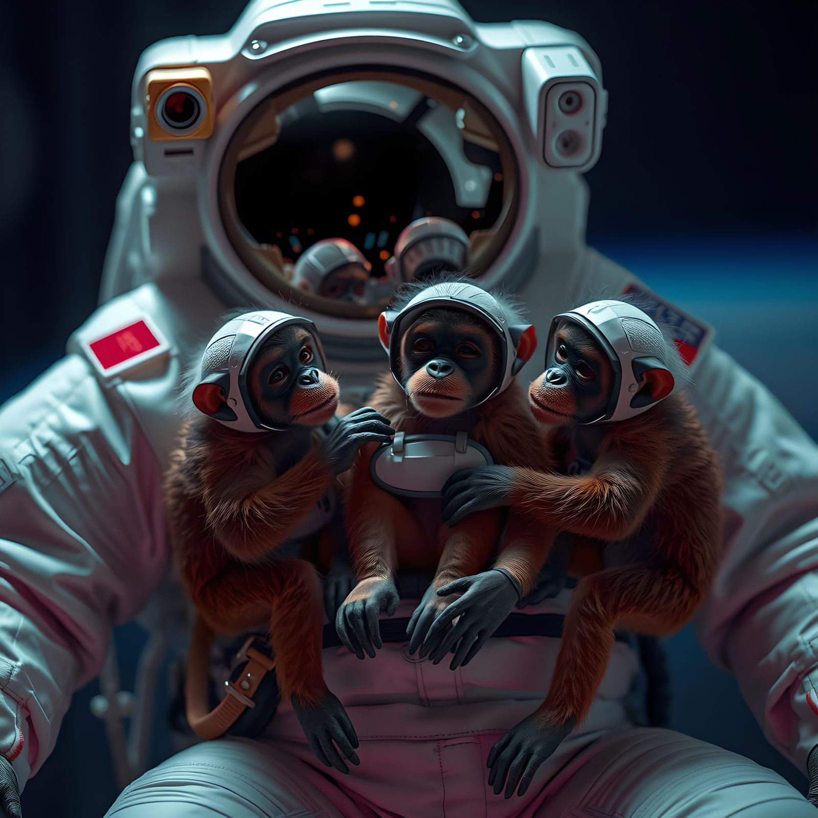Monkeys in Space Suits Clinging to Astronaut