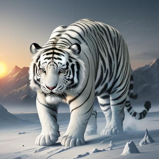 White Tiger in Winter Snow Globe at Sunset