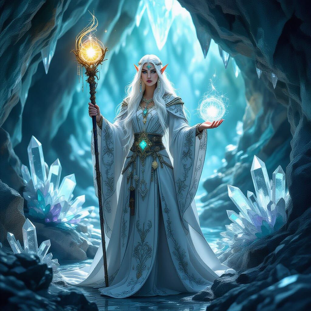 High Elf Mage in Crystal Cave, Fantasy Art Deco Style