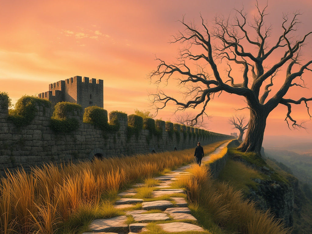 Ancient City Wall Walker in Romantic Landscape