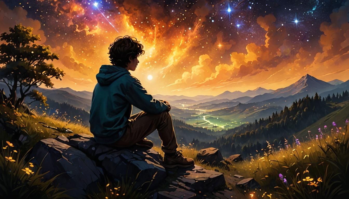 Boy Gazing at Cosmic Night Landscape in Starry Night Style